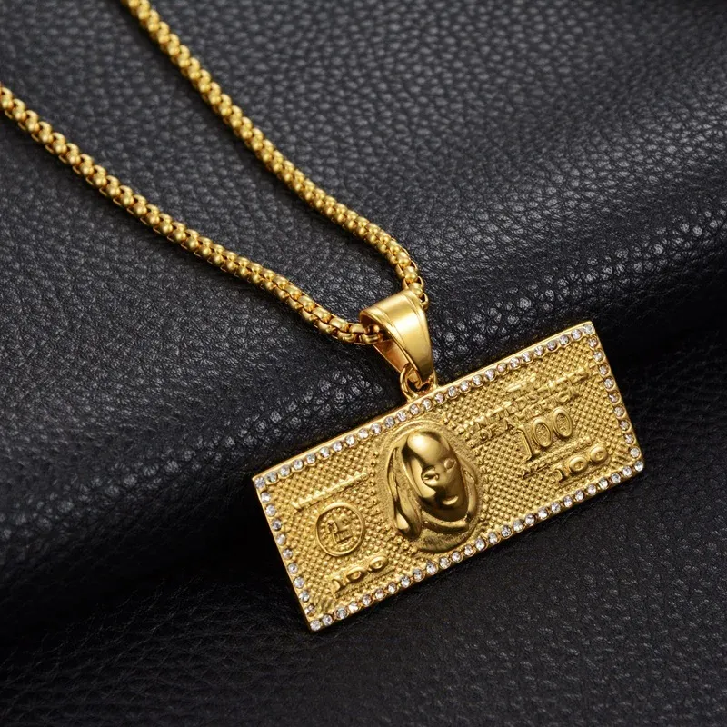 US 100 Dollar Money Necklaces Pendants Male 14k Yellow Gold Chain For Men Rhinestone Hip Hop Bling Jewelry Collier