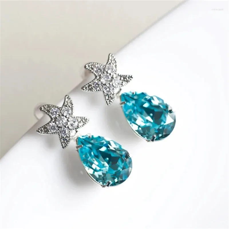 Dangle Earrings Cute Animal Starfish For Women Silver Color Lake Blue Stone Water Drop Zircon Wedding Engagement Short