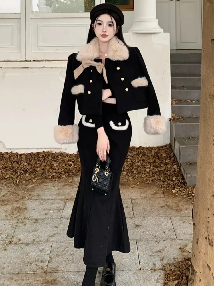 Elegant Office Lady Wool Suit Set Autumn Winter Women's Bow Jacket High  Waist Mermaid Skirt Chic Business Casual 2-Piece Outfit