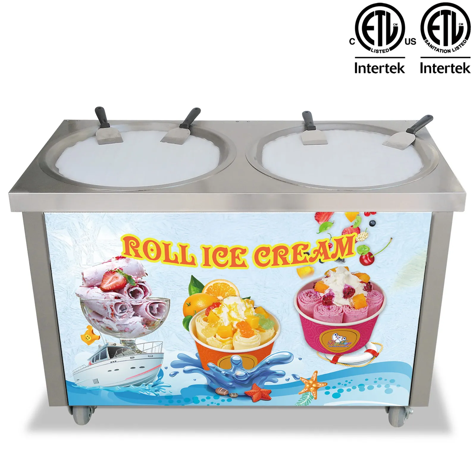 Free shipping Commercial Kitchen US delivery ETL UL NSF double round 55CM pans fried ice cream machine roll icecream maker with refrigerant