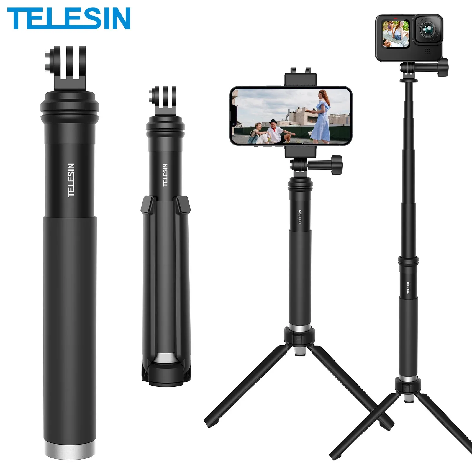 TELESIN Aluminum Selfie Stick Tripod, GoPro Mount for Hero  11/10/9/8/7/6/5, Insta360, DJI OSMO, Smartphones