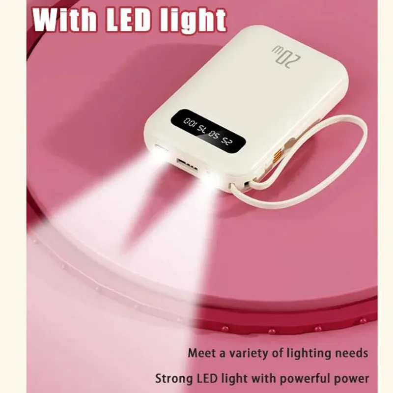Portable Power Bank 20000mAh With Built In Cord LED Light Fast