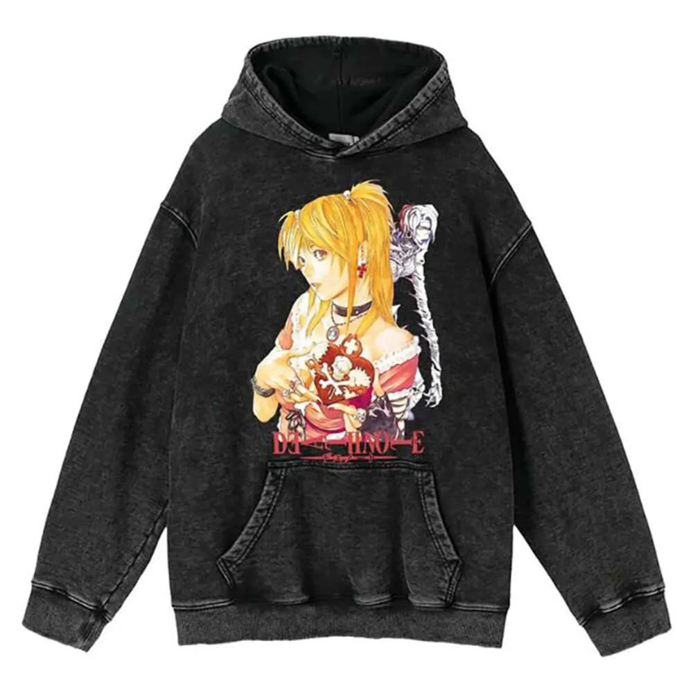 Sudadera con capucha de anime de la muerte 100% de algodón ácido lavado una unisex haruku gráfico estornino impreso tops de invierno otoño