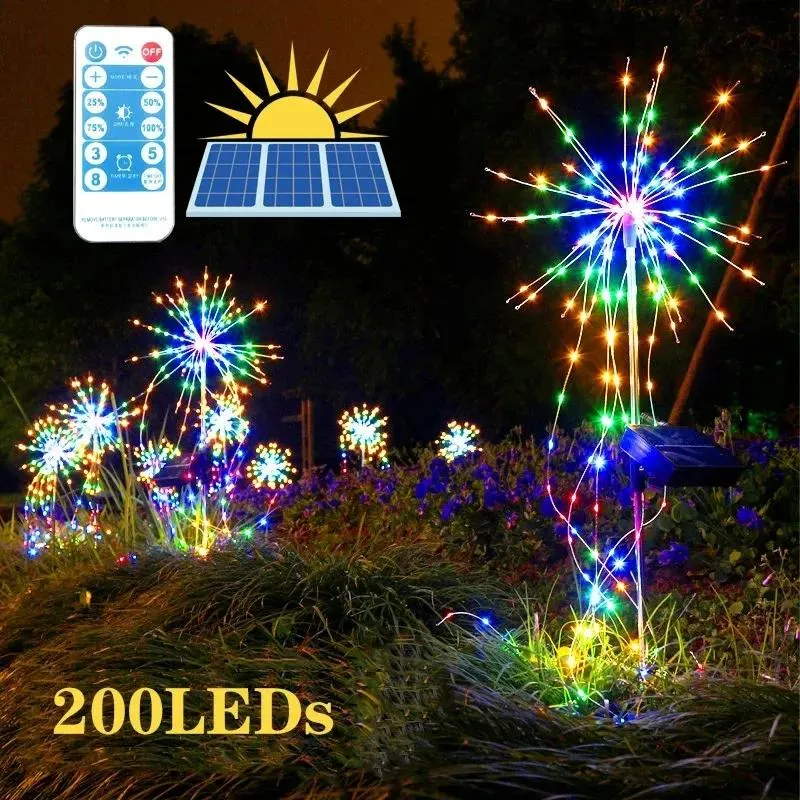 Cords 200 LED Solar Fireworks Light Strings Dandelion extérieure IP65 étanche étanche Flash String 8 Modes Remote Contrôle Garden Paysage