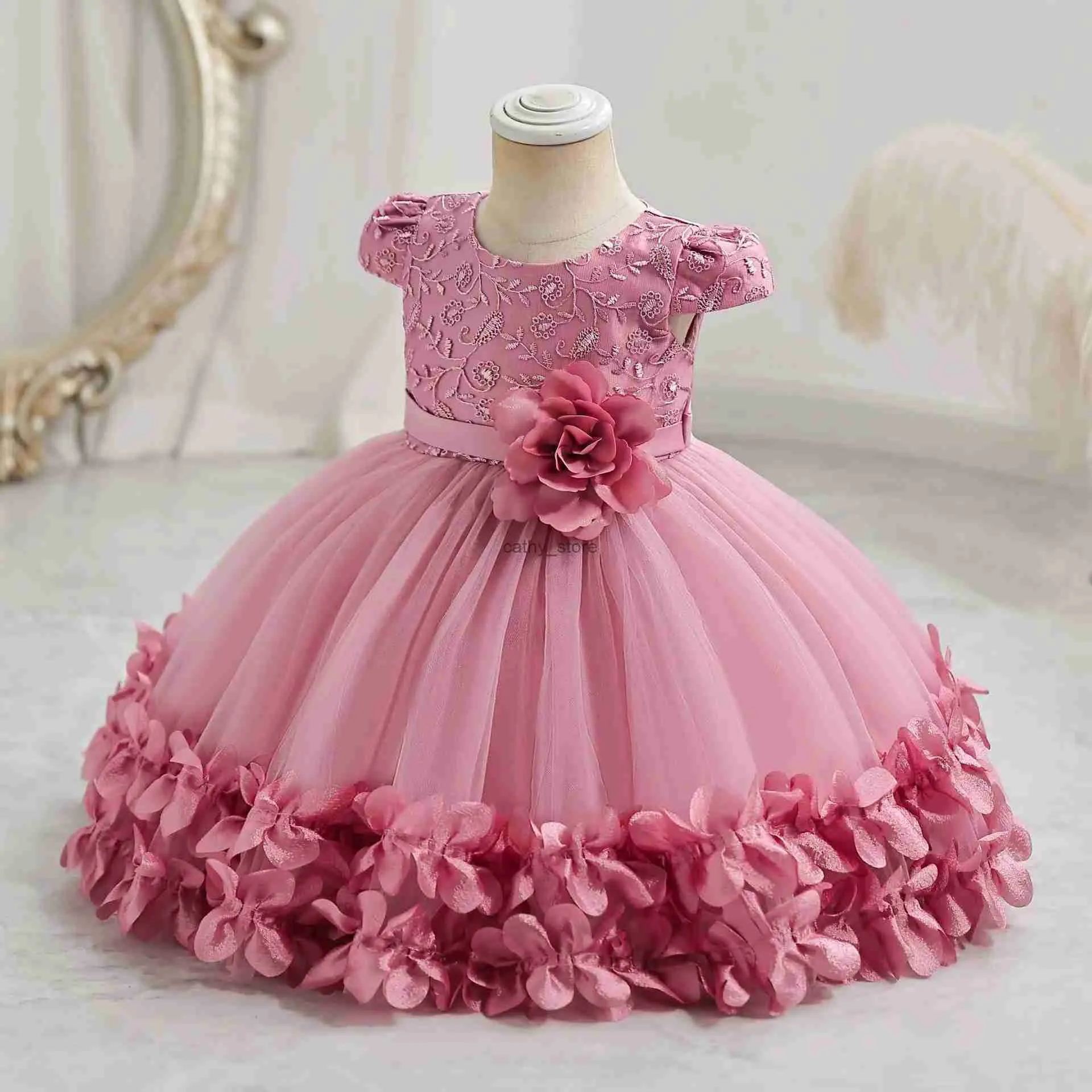 Vestidos de niña Vestido de princesa Flower para niñas 0 a 12 meses Lindo Bowknot Pétalo ropa para niñas Bordados para niños recién nacidos ue-piecel231222