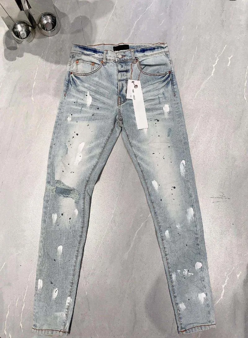メンズジーンズライトブルーハンドメイドペイント壊れた穴スリムカ​​ジュアルパンツマンファッションブランド