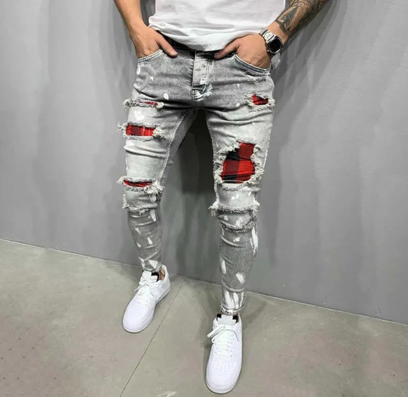 Printed Ripped Mens Patch Pants Menslim Jeans Personalized Stretch Jeanscowboy4875037