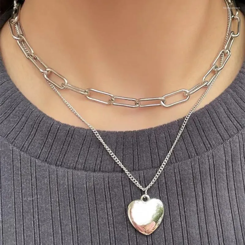 Hänge halsband mode silver färg tjock kedja metall hjärthalsband för kvinnor vintage boho punk multilevel krage smycken gåva