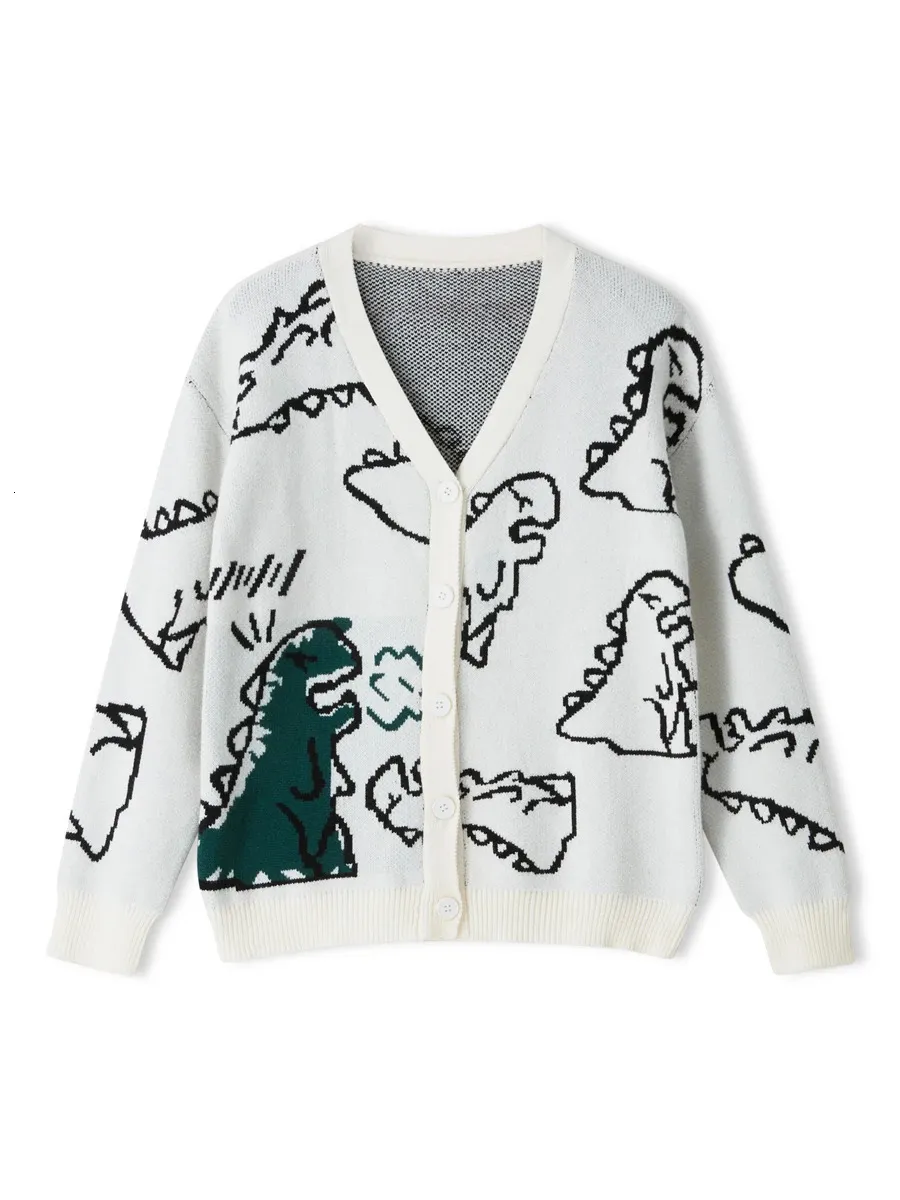 Vuxna toppar dinosaurieutskrift långärmad lös stickad cardigan med knappar höstdräkt för kvinnor män s m l xl 231221