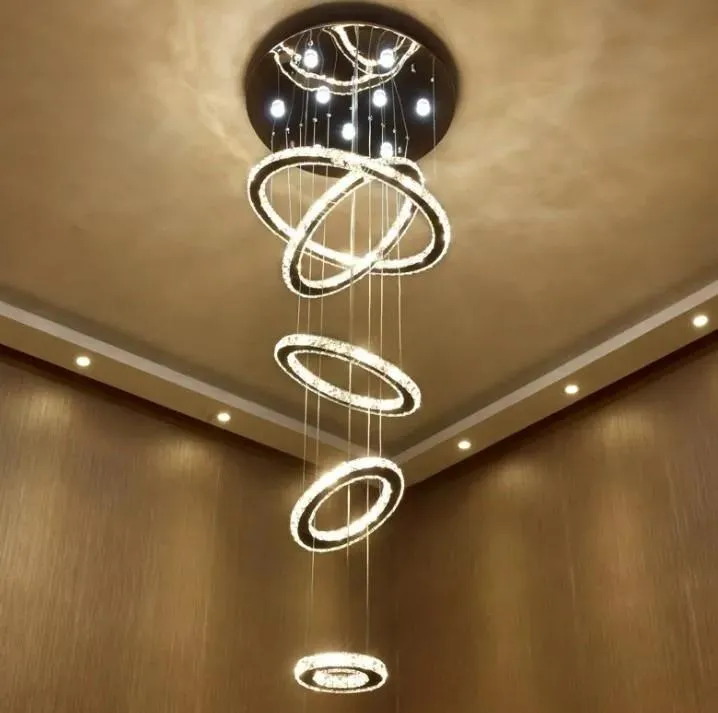 Ljuskronor Stora lyxiga kristallledande ljuskronans belysning Fixtur 5 ringar cirkel hängande hängande lampa trapphall dimning luster