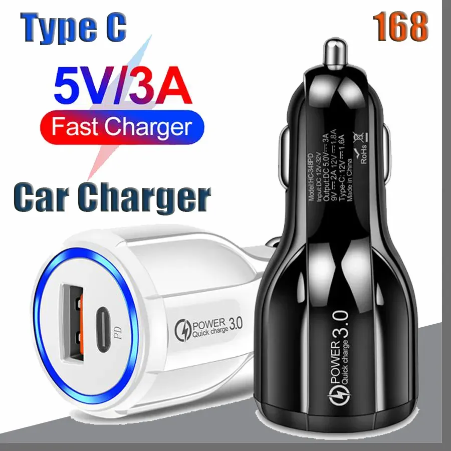 شحنات 18W QC3.0 USB Phone 3A Power Outlet Adapter PD Type-C Charger Fast Car Charger for Xiaomi Samsung iPhone 13 12 11pro