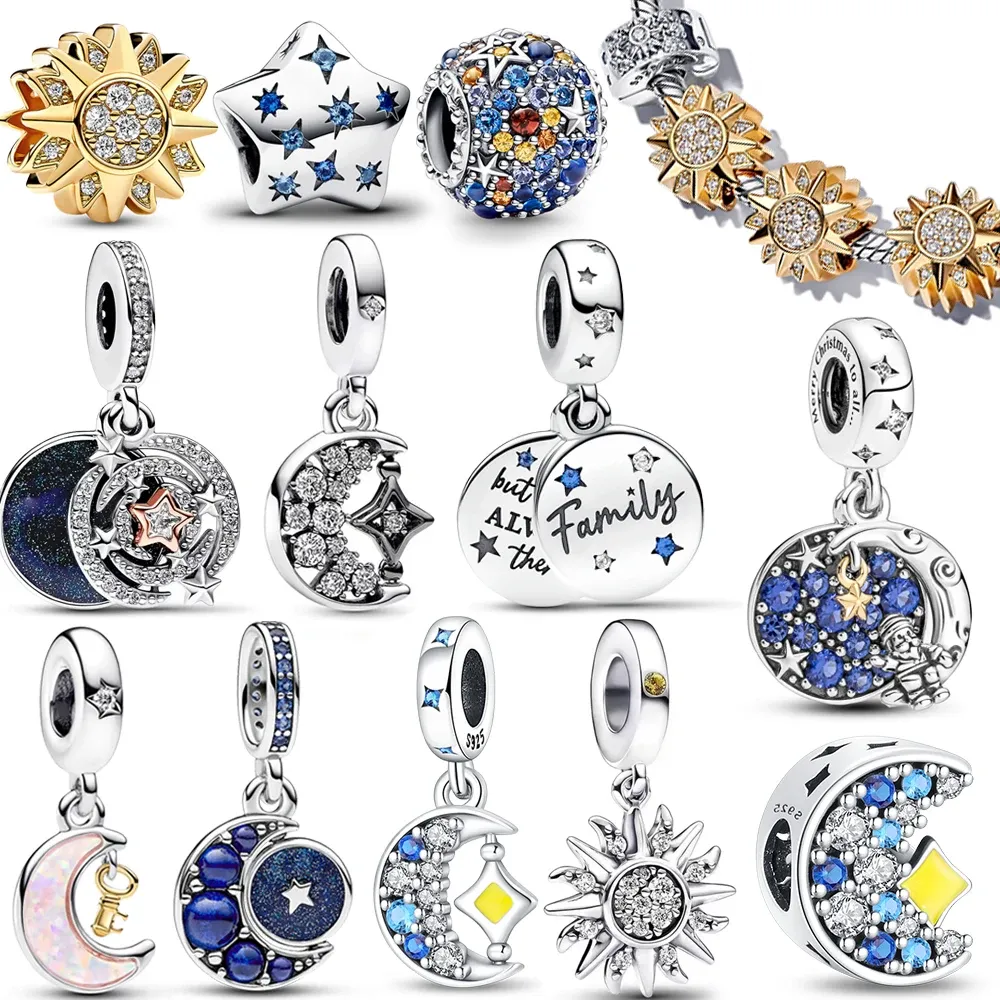 925 Sterling Silver Authentic Charm Sparkling Stars, Moon, and Sun Pendant Suitable for Original PAN Fashion Bracelet DIY Women's Jewelry Gifts Free Shipping