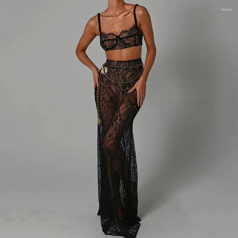 Robes de travail Cinessd 2023 Backless Backless Sling Top High Taist Vobine Fishtail Robe Sexy Lace See-Through Two-Piece Set