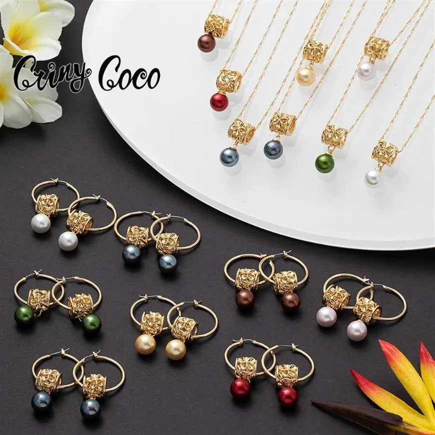 أقراط قلادة Cring Coco Multi-Color Pearl Jewelry مجموعات هاواي الذهب الوردي Polynesian Frangipani قلادة قلادة Hoop Set 1878