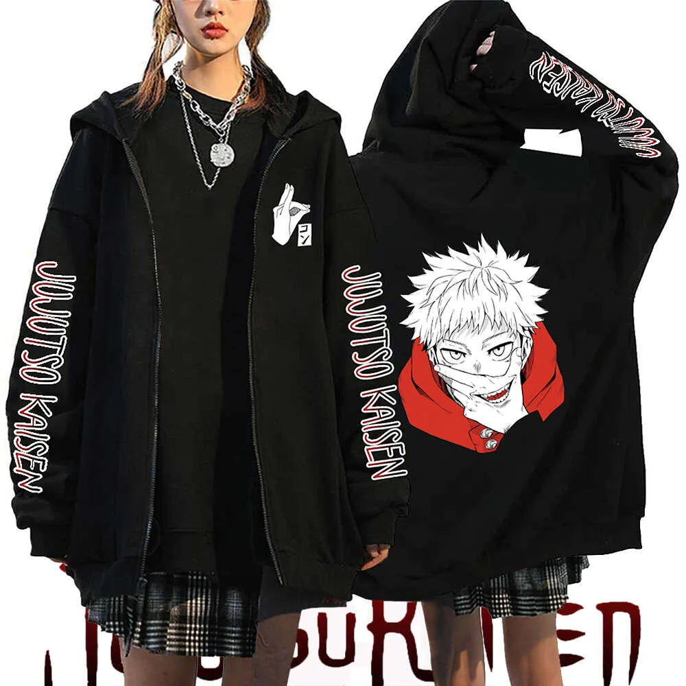 Nyaste anime jujutsu kaisen hoodies kawaii itadori zip up tröja satoru gojo cosplay unisex zipper jacka hip hop streetwear