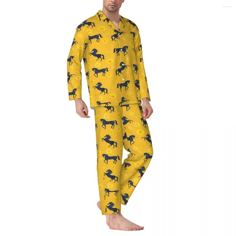 Mäns sömnkläder pyjamas män hästtryck hem gul blomma två styck avslappnad långärmad söt överdimensionerad kostym