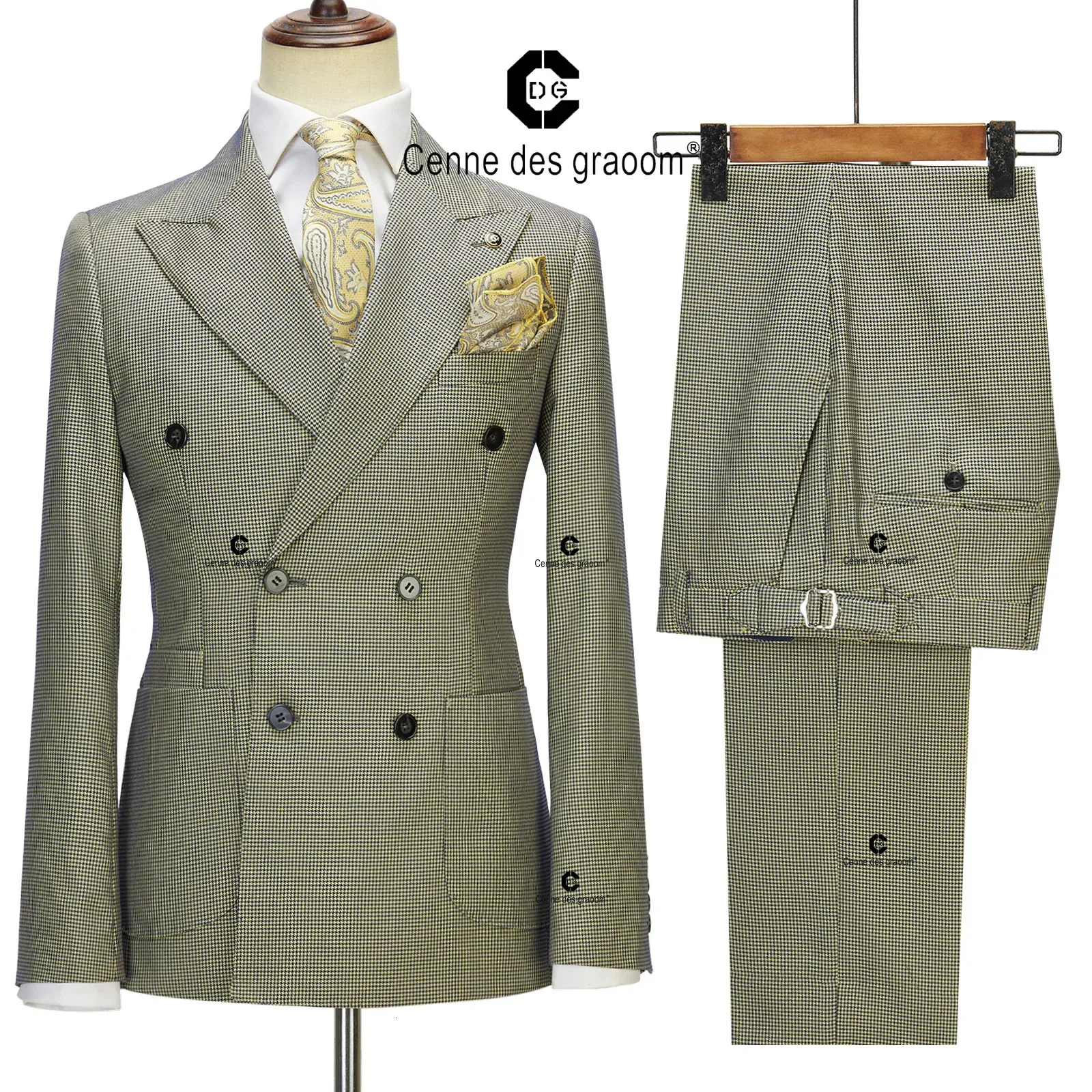 CENNE DES DES GRAOOM VINTAGE SUITS POUR LES MENS MOTRES HOUNDSTOOD MOTEL DOUBLE POINT POINT DE 6 BOUTONS JACKET ET PRANTAL 2 PCS Set Classic 231221