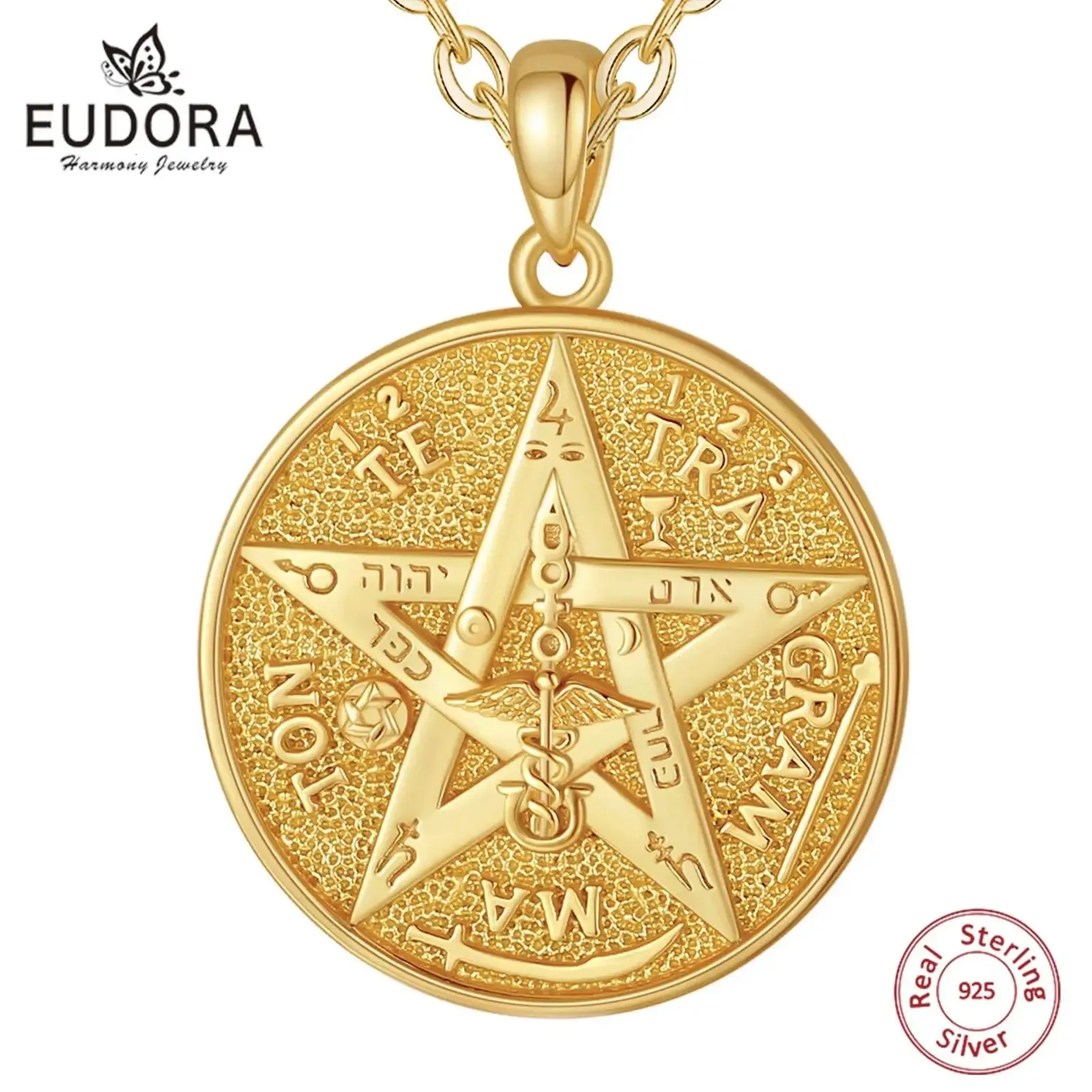 Pendanthalsband Eudora 925 Sterling Silver Pentagram runor Halsband för kvinnor Man 18K Gold Amulet Guardian Star Tetragrammaton Pendant Gift 231222