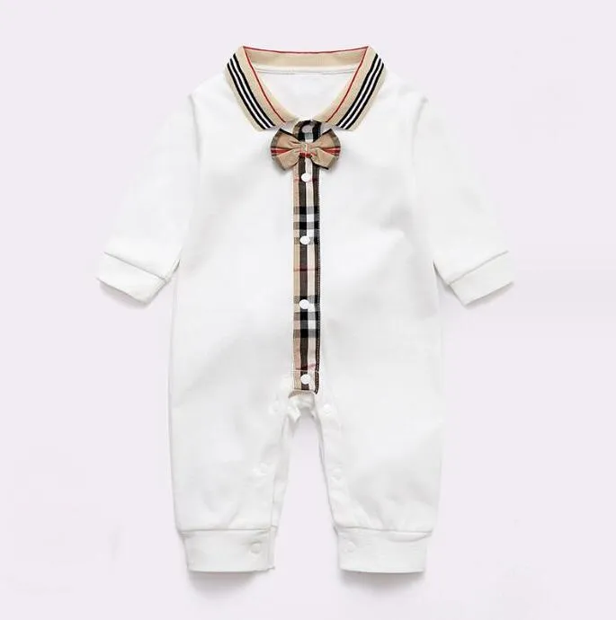 Spring Autumn Baby Boys Plaid Rompers Lovely Newborn Long Sleeve Jumpsuits With Bowknot Toddler Turn-Down Collar Onesies Infant Clothing Babies Romper