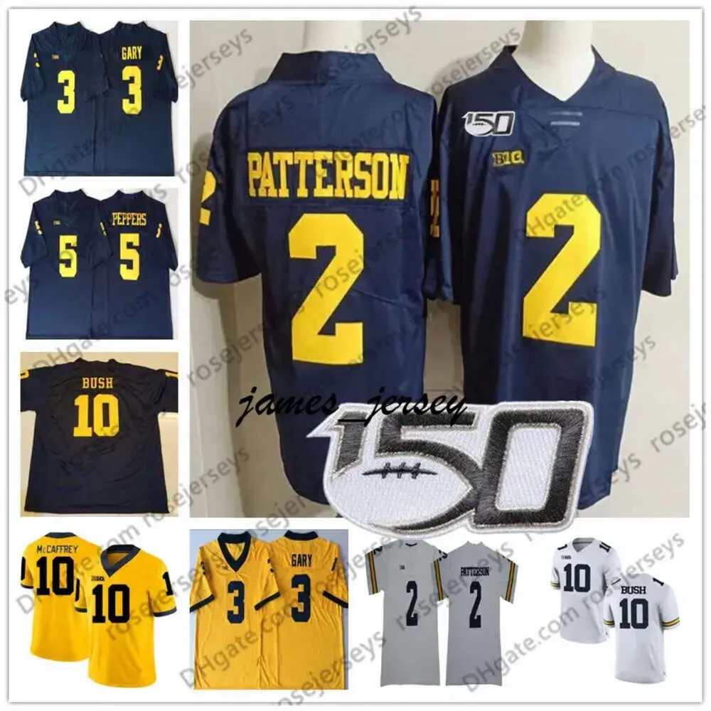 Jam 2019 Michigan Woerines＃2 Shea Patterson 10 Dylan McCaffrey Devin Bush 3 Rashan Gary Peppers Brady Woodson Woodson White Navy Blue 150th Jersey