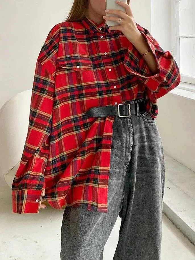 Women's Blouses Vintage Big Plaid Shirt For Women Oversized Button Up With Print Office Wear Beautiful Pink Woman And Tops 2023