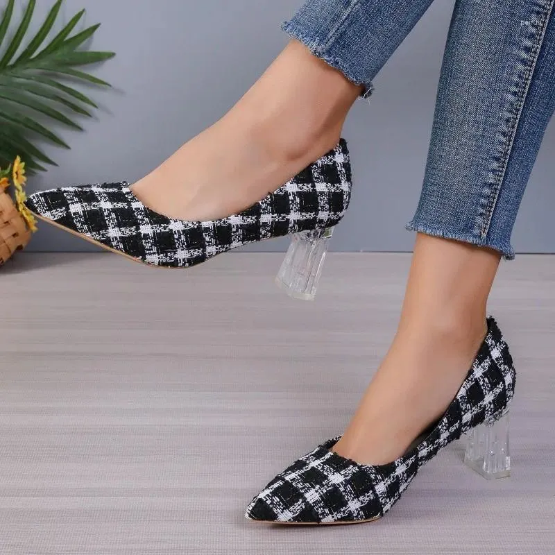 Dress Shoes Breathable Ballet Casual Classic High Heels Summer Two-color Plaid Fashionable Women's Pointed Sapatos De Mujer