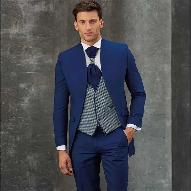 بدلات زفاف للأزياء للرجال Blazer Blue Single Single Stand Stand Fabel Luxury Terno 3 قطعة سروال سترة سترة رفيعة ملائمة 231221