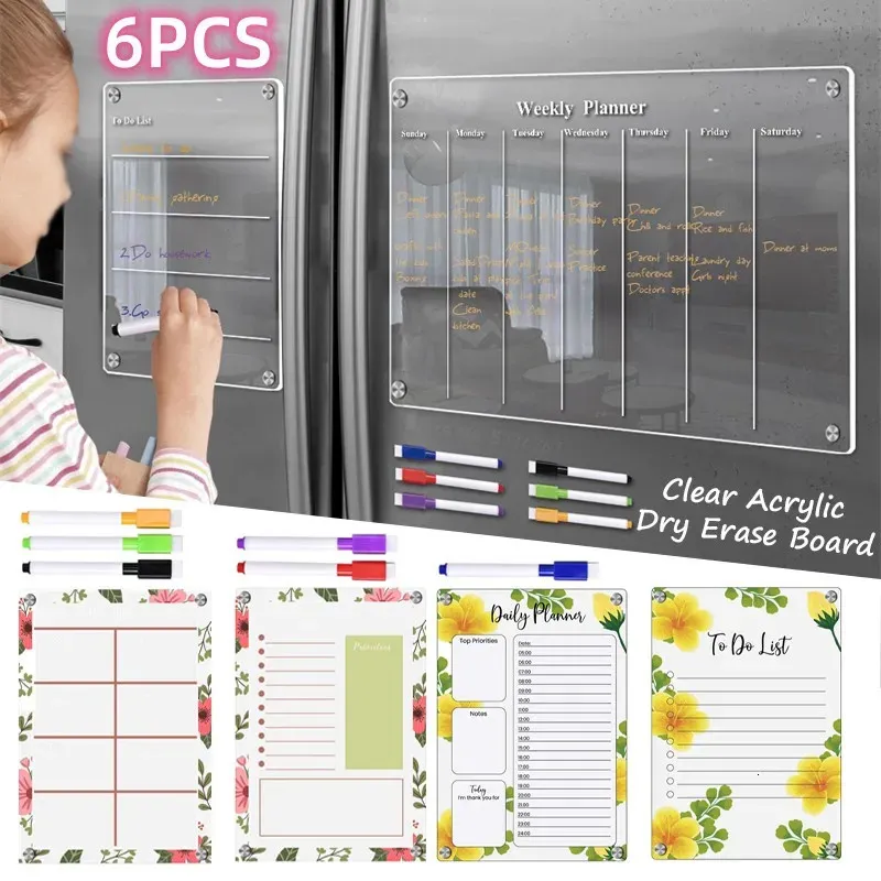 6pcs Clear Acrylic Magnetic Calendar Board Planner Planner Schedule Fridge Magnet Boards for Home School Office Message Books 231221