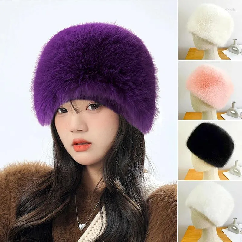 Berets Women Fluffy Fauxe Fur Shat Зима утолщенные теплые шляпы твердый цвет русский стиль роскошный шикарный ветрозащитный уш