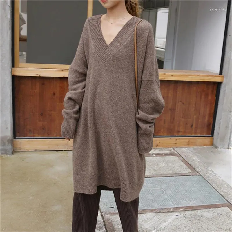 Casual Dresses Autumn Winter V-Neck Pullover Midi tröja klänning kvinnor mode koreanska lösa kontor damer långärmad stickad mantel t735