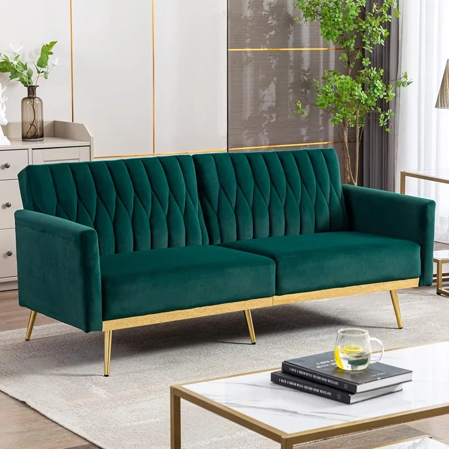 Velvet cabriolet futon soffa säng med gyllene metallben, 70 "Tufted loveat soffa sovande futon soffa med justerbara armstöd för hemmet vardagsrum sovrum (grönt)