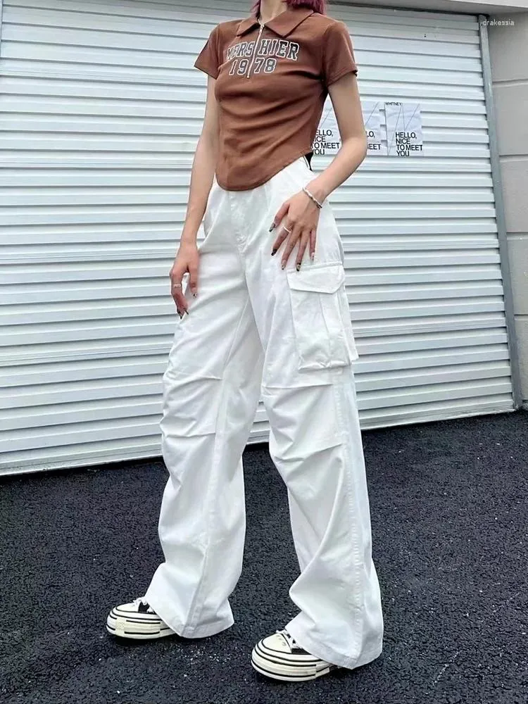 Women's Pants Spring Summer Retro White Cargo Women Vintage 90s Aesthetic Loose Brown Parachute Trousers Female Hippie Wide Pockets