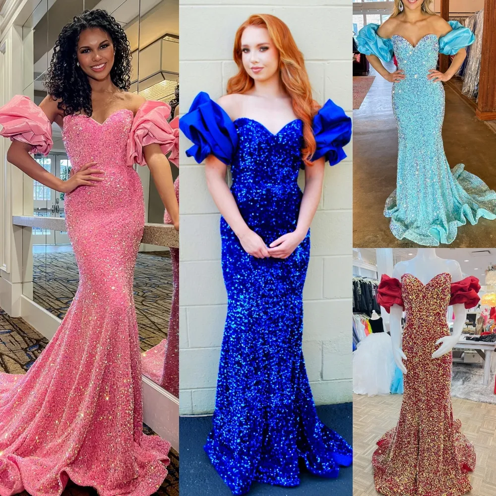 Рубиновое формальное платье для вечеринки 2K24 Puff Roolves Velvet Sequin Mermaid Lady Тезоризация вечера выпускной вечер Hoco Гала -коктейль коктейль из красного коврового покрытия Длинное платье фотосессии конфеты Aqua Royal