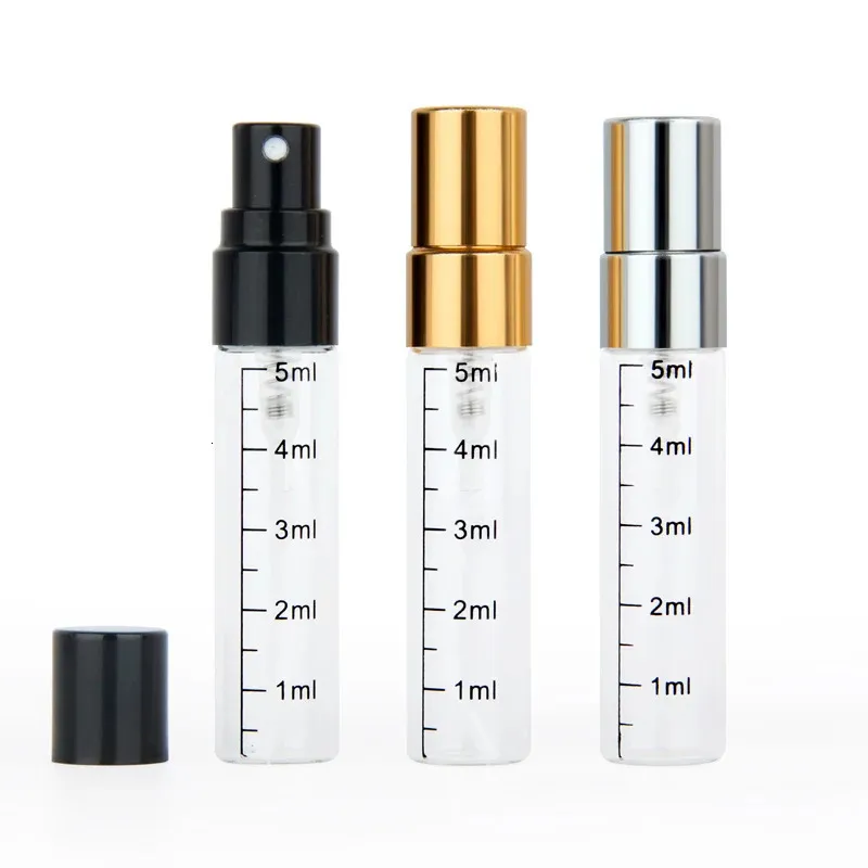 50pcslot 5 ml Fine Mist Spray Bottle Portable Calibration Glass Refillable Parfymflaskor Prov Sprayer Empty 231222