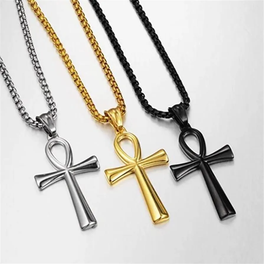 SM 25 43mm Mulheres colar de cruz de homens 316L Aço inoxidável Jesus ankh pendente rolo jóias de jóias douradas preto 3mm 24172s