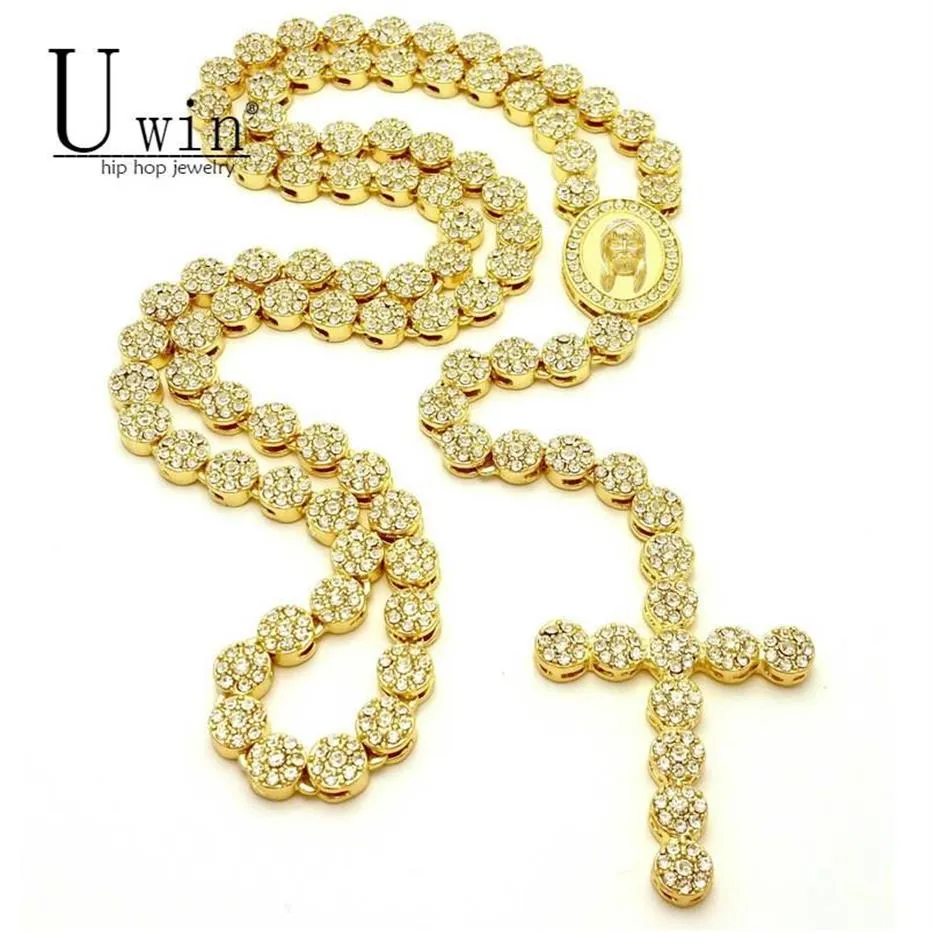 Uwin Iced Out Rosary Flower Collier Link Bling Rhingestone Gold Cross Jesus Head Pendant Mens Hip Hop Collier Chain 272X