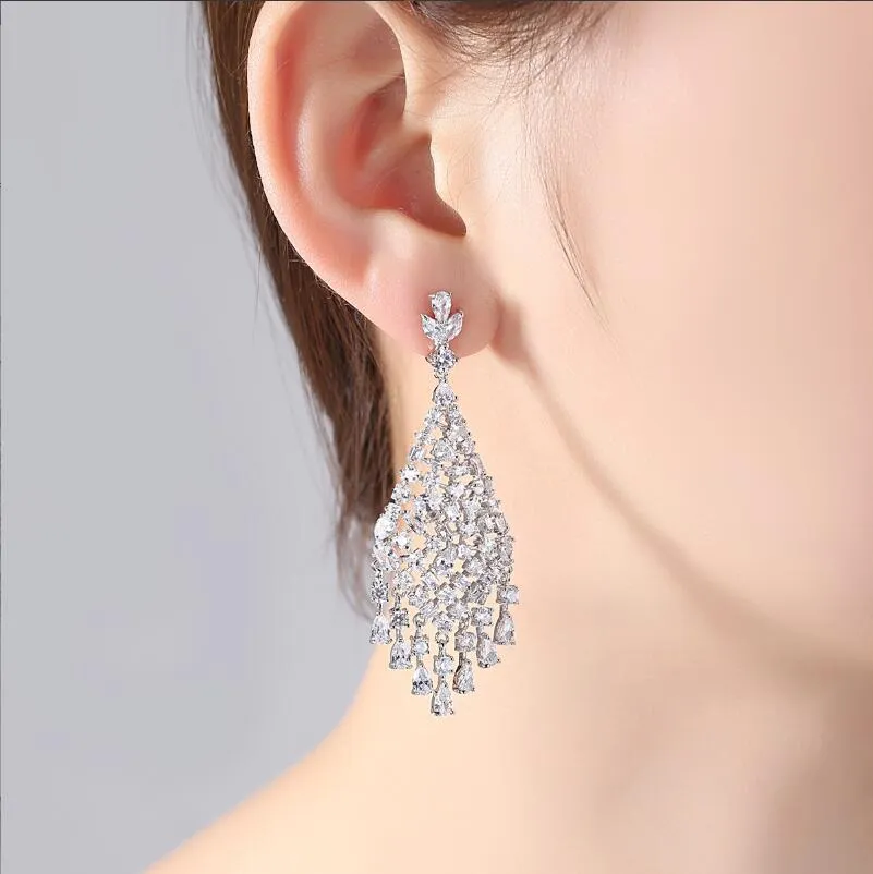 Sparkling Luxury Dangle Earring Luxury Jewelry 18K White Gold Fill Water Drop 5A Cubic Zircon CZ Diamond Gemstones Party Women Wedding Bridal Tassels Earrings Gift