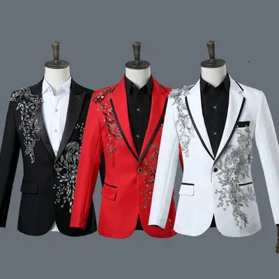 Mâle double face 3D cristal broderie fleurs scène chanteur discothèque costume veste Bar hommes mariage Blazer Masculino 231221