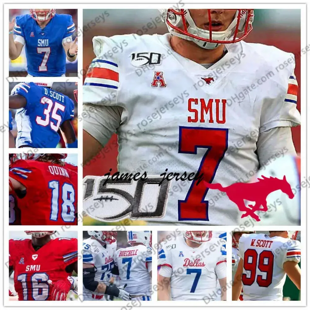 Jam NCAA SMU Mustangs #2 Ke'mon Freeman 25 TJ McDaniel 30 Tyler Lavine 31 Merek Pierce 83 Kylen Granson White Blue CFB 150th Jersey