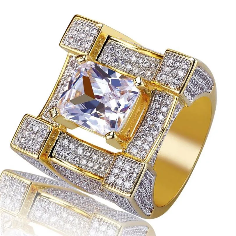 ECED Out Ring Zircon 3d Suqare Goldfarbe plattierte Ringe für männliche Frauen Bling Persönlichkeit Mode Glamour Schmuckliebhaber Geschenk3023