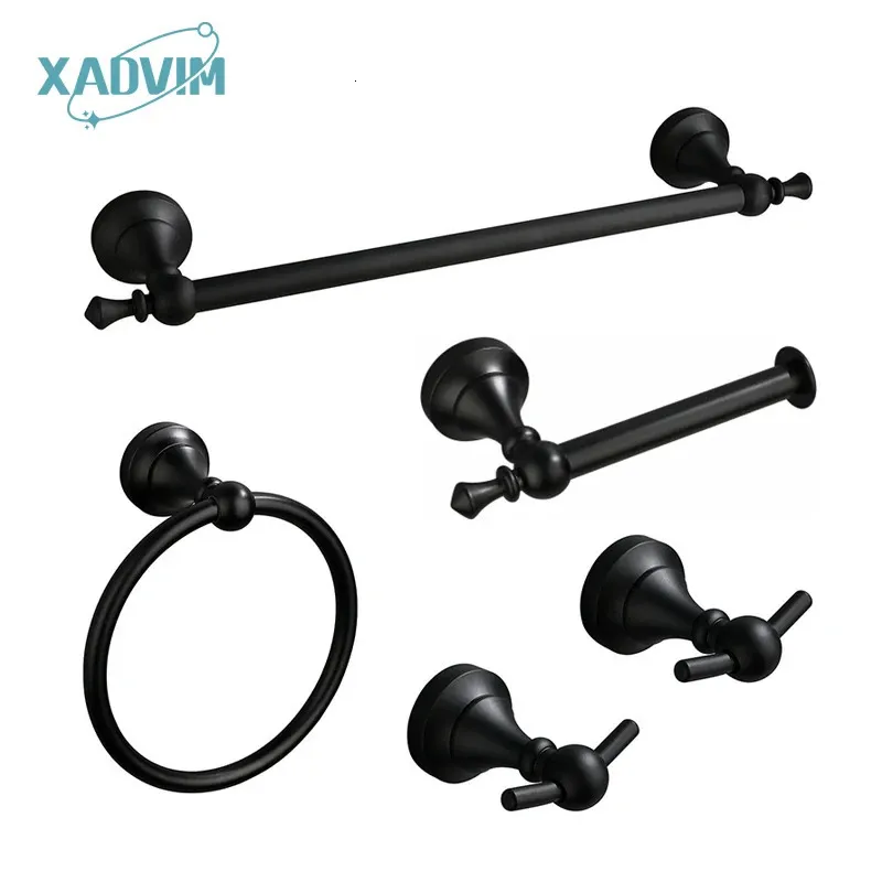 Matte Black Bathroom Accessories Hardware Set Aluminum Alloy Wall Mount Towel Bar Ring Toilet Roll Paper Holder Robe Hook 231221