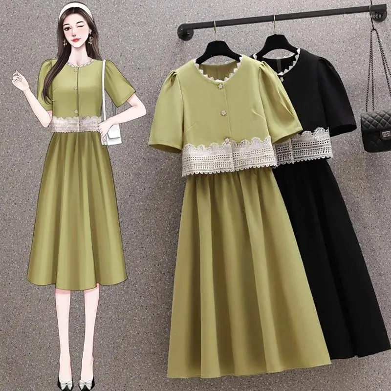 Work Dresses Plus Size 4XL Spring Vintage Two Piece Set For Women Short Sleeve Lace Splicing Top And Midi Skirt Polyester Slim Outwear