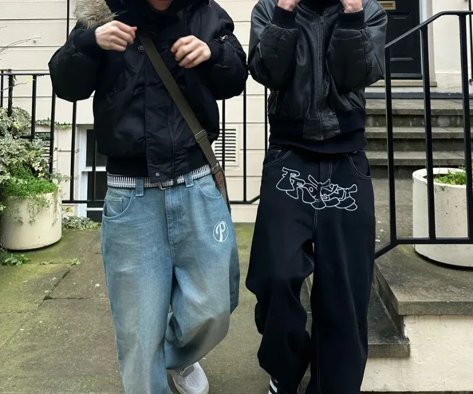 Y2K メンズ レタープリント ジーンズ カジュアル ヒップホップ 