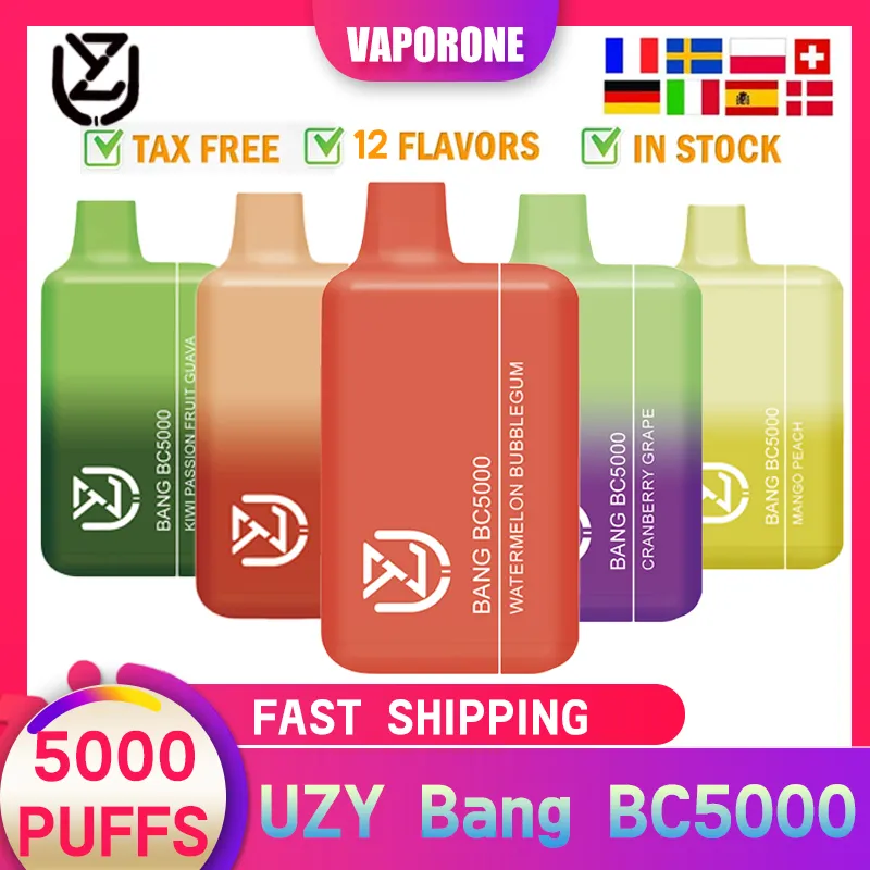 Uzy bang BC5000 BC5000 Puffle Dernivins E Cigarettes 1,2 ohm Mesh Bobine 12 ml POD BATTERIE RECHARAGE CIGS ELECTRONIQUE PUFS 5K 0% 2% 3% 5% Kit de vape jetable