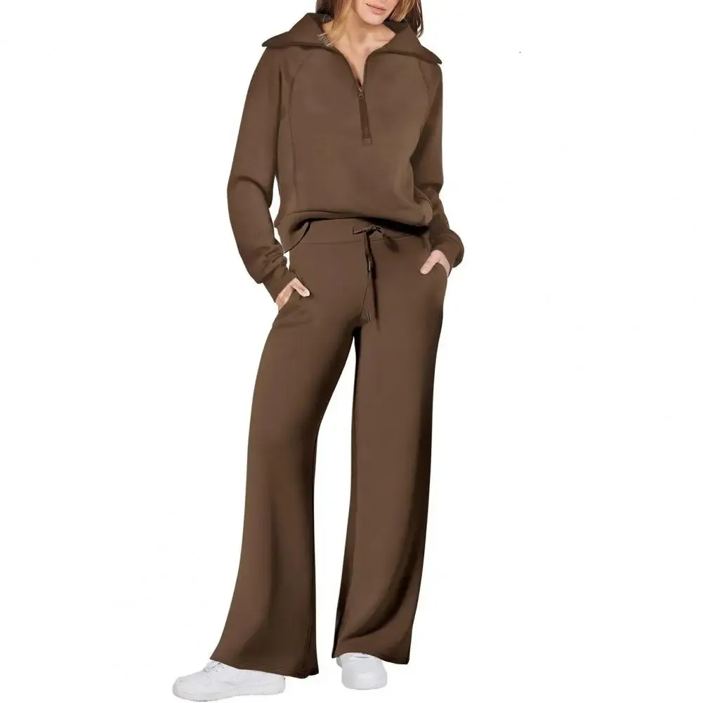 Womens Casual Sports Zipper Hooded Sweatshirt Jacket And Wide Leg Pants Set