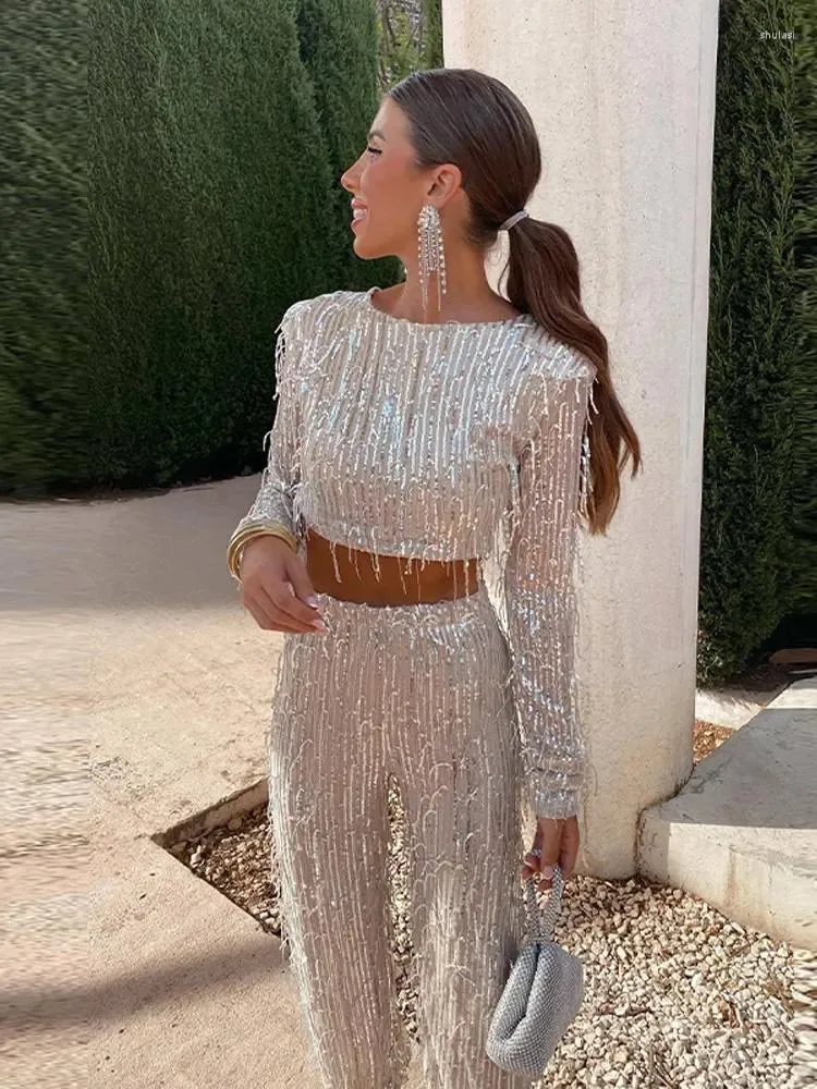 Women's Two Piece Pants Tassel SequinWomen Party Elegant O-Neck Silver Bright Silk Long Sleeves Bling 2 Set Modern Ladies Streetwear