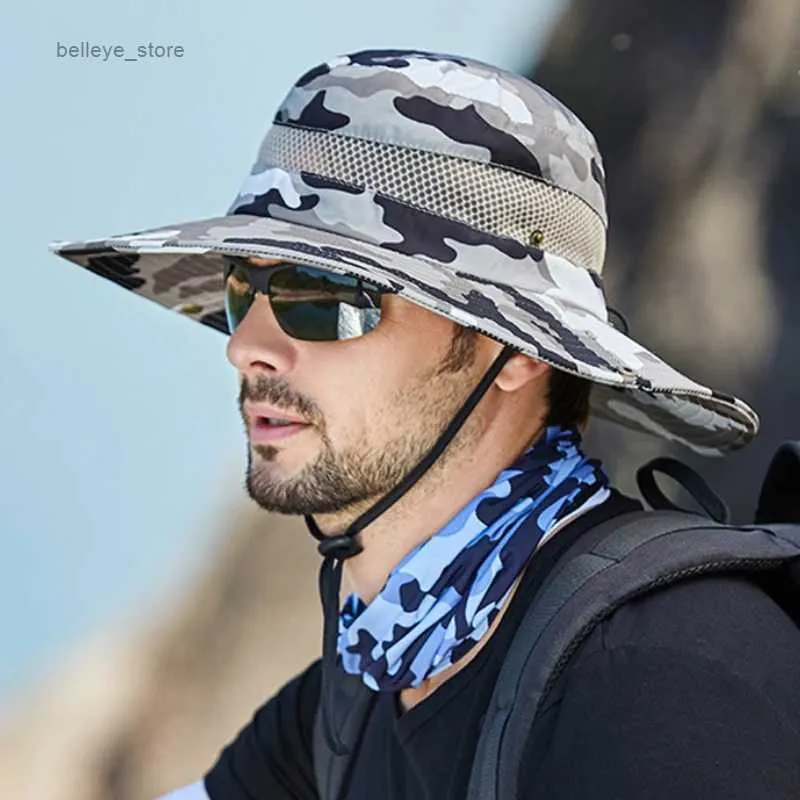 Wide Brim Hats Bucket Hats New Classic Camouflage Bucket Hat For Men Summer  UV Protection Climbing Fishing Hat 10cm Big Brim Mesh Breathable Sunscreen  CapL231221 From Belleye_store, $14.25