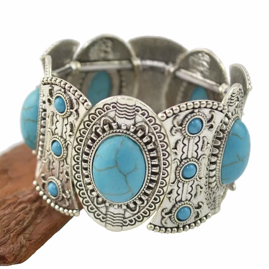 Fashion Vintage Silver Carving Flower Turquoise Gem Stone Ethnic Boho Statement Elastic Bracelet273i