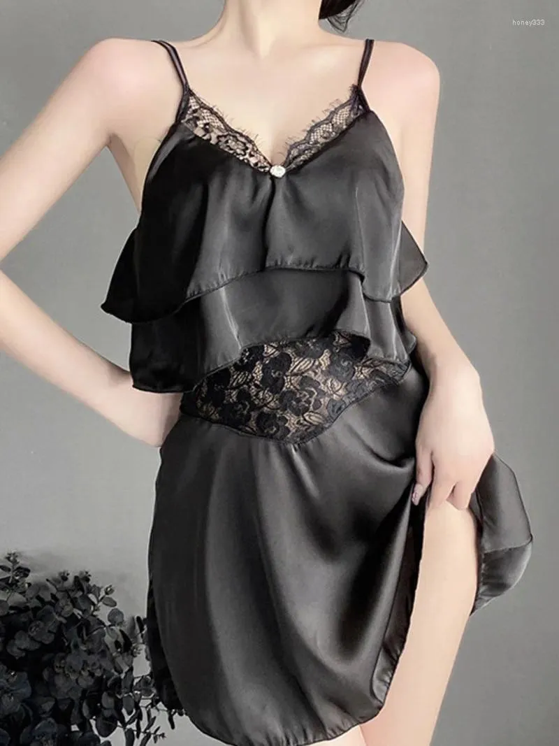 Vestidos casuales sexy chiffon seducción dulce vestido de suspensión volante V cuello romántico encaje sólido maduro elegante fino mujeres estilo CDIJ