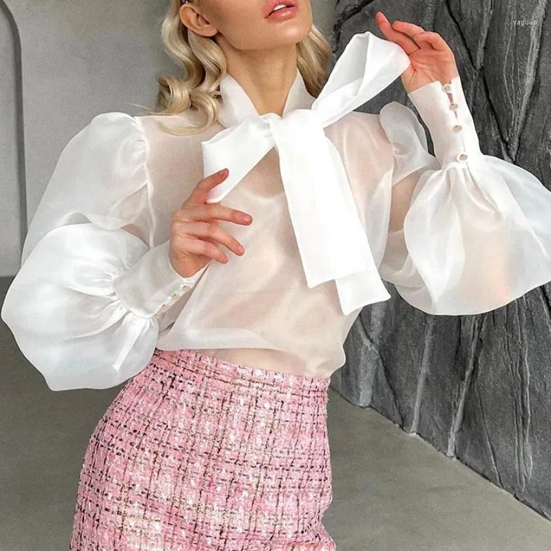 Women's Blouses Perspective Mesh Women Sexy Shirt Bow Collor Fashion Loose Vintage White Puff Sleeve Elegant Shirts Blusas 28623